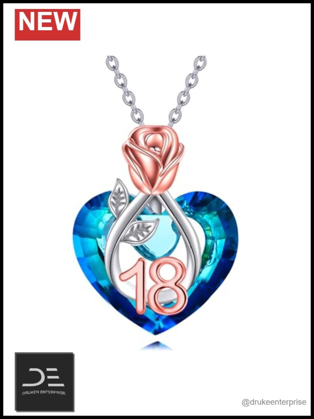 Rose Flower Heart Pendant Necklace 925 Sterling Silver Crystal Women's Jewelry